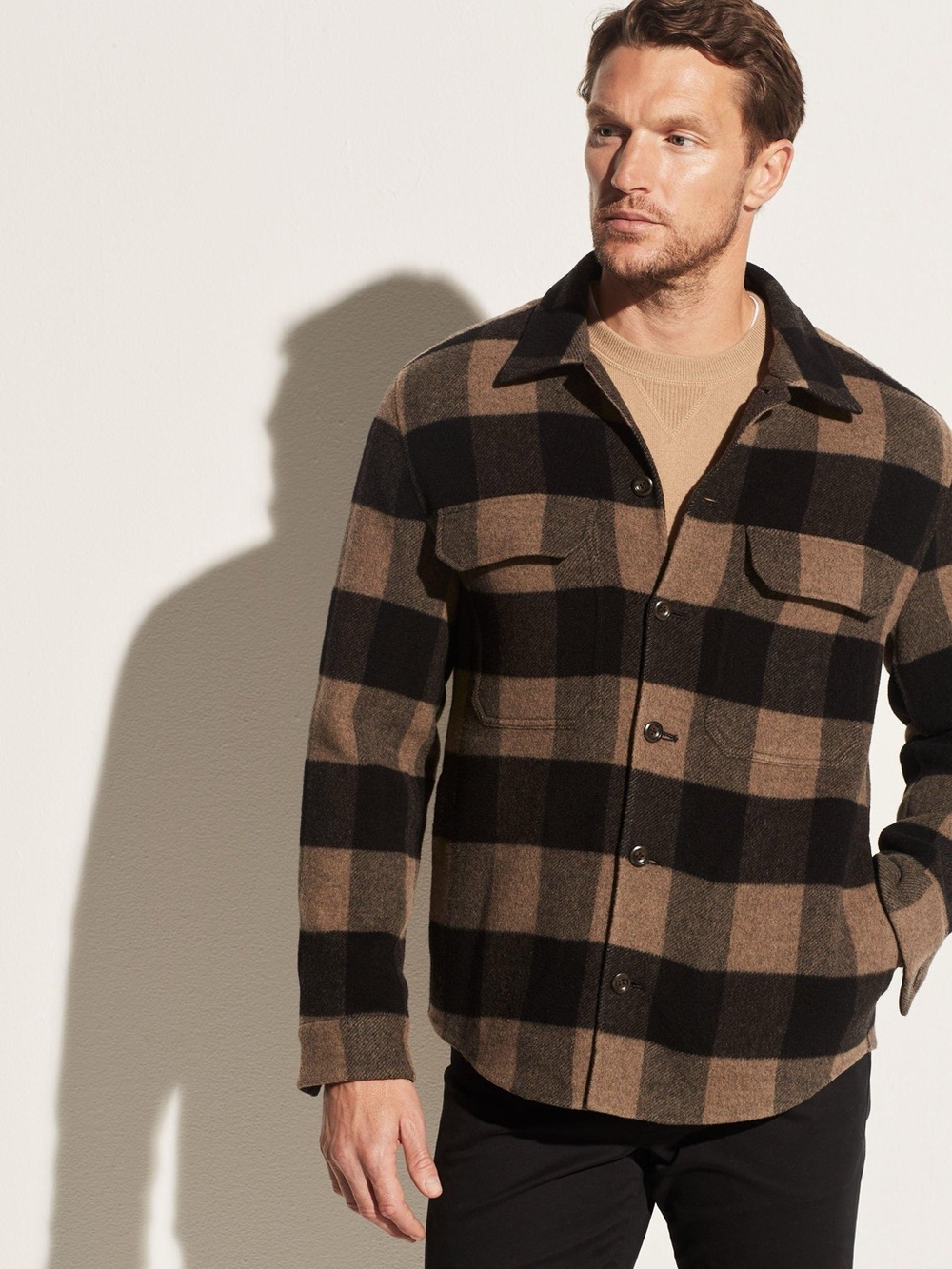 Vince Buffalo Check Plaid Italian Wool Shacket Jacket in Black & Brown Size XXL